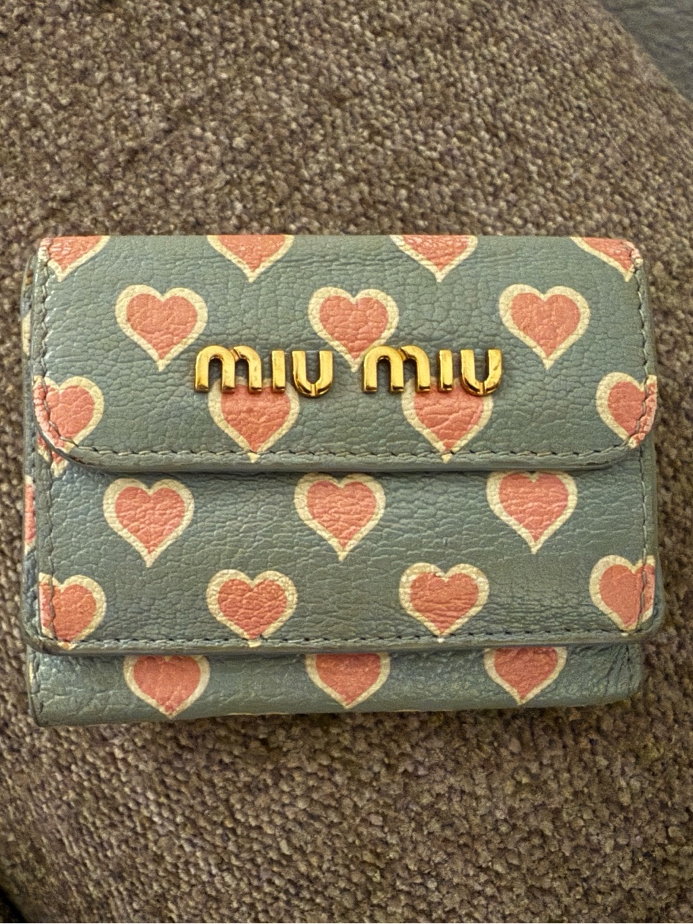 Miu Miu Blue Wallet with Pink Heart Print and Gold Logo